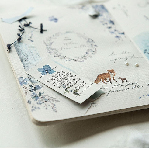 MU Lifestyle Print-On Stickers Rub -On Stickers Transfer Stickers Translucent Stickers 181 | Blue Flowers Foxes When Snow Melts