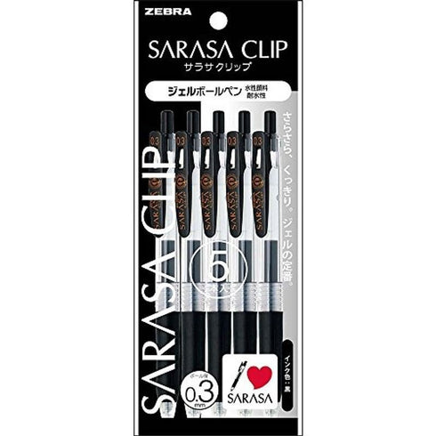 Zebra Sarasa CLIP BLACK 0.3mm Push Clip Gel Pen Super Saturated Ink FIVE Pack | JJH15