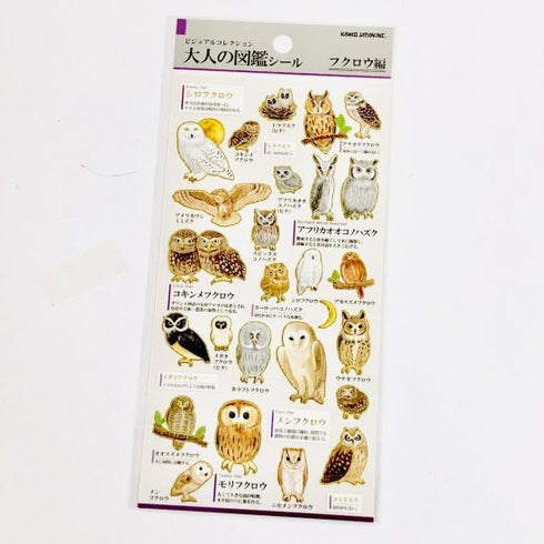 Kamio Japan Stickers OWLS Adult Visual Dictionary Barred Owl Barn Owl Horned Owl Sawhet Owl Snowy Owl GOLD Foil Stickers | 721386