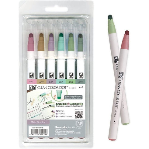 Kuretake MILD SMOKY Zig Clean Color Dot Set One Pen or 6 Piece Set Single-Tip Marker | TCSD-6100/6VB