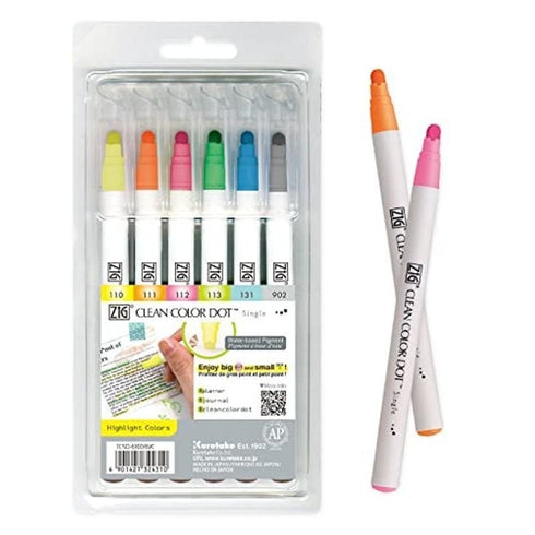 Kuretake FLUORESCENT HIGHLIGHT Zig Clean Color Dot Set One Pen or 6 Piece Set Single-Tip Marker | TCSD-6100/6VC