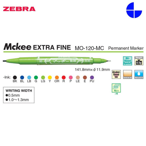 Zebra McKee Light GREEN Permament Dual End Marker Oil-Based Ink Fine and Extra Fine Point 0.5mm 1.00mm Marker Set | MO-120-MC