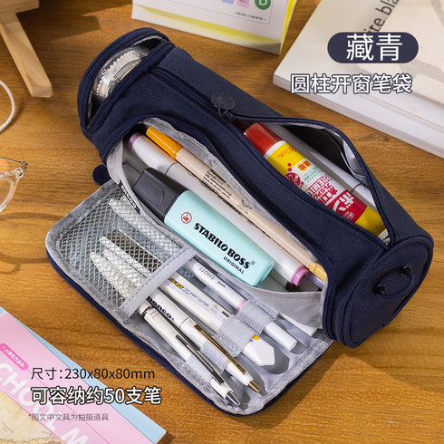 NAVY ROUND Cylinder Canvas Pen Case Pencil Case Tool Case Finding Storage Circle Case Storage Case Large Pen Case | 230 X 8 X 8mm