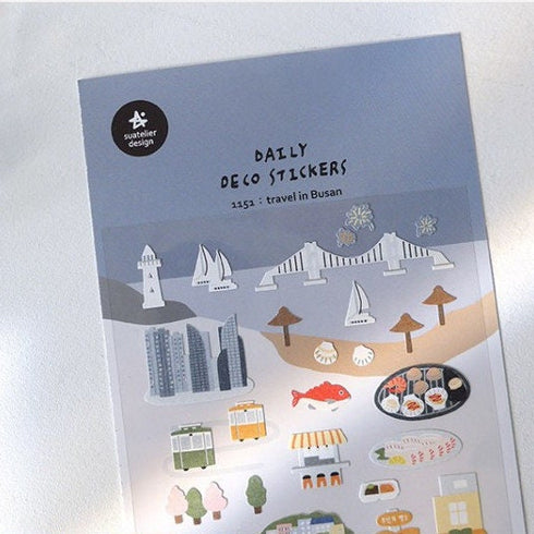Suatelier Sonia TRAVEL In BUSAN Fish Seafood Skyscapers Bridge Skewered Meat PVC Transparent Stickers Clear Stickers | 1151