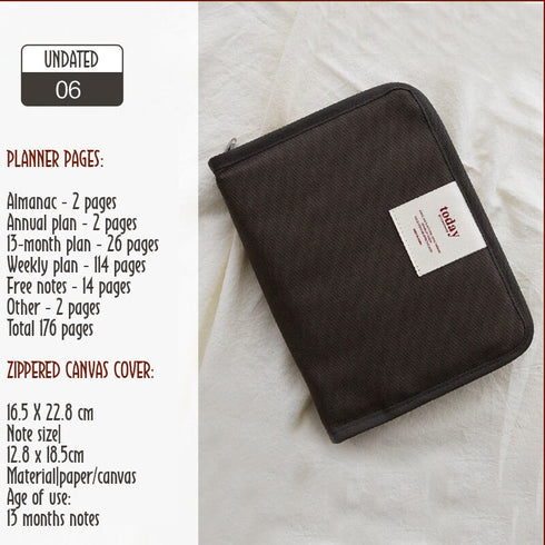 BLACK B6 FUNNYMADE Brand Canvas Zipper Cover & Undated Planner B6 Zip Canvas Cover B6 Cover B6 Undated Planner | Various Colors