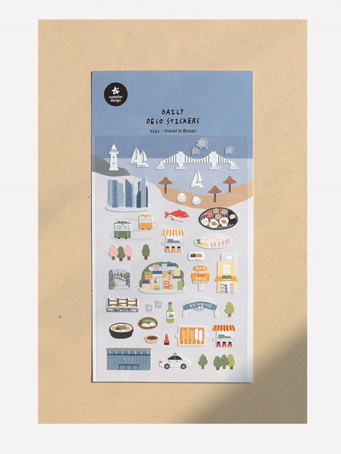 Suatelier Sonia TRAVEL In BUSAN Fish Seafood Skyscapers Bridge Skewered Meat PVC Transparent Stickers Clear Stickers | 1151