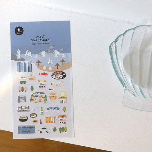Suatelier Sonia TRAVEL In BUSAN Fish Seafood Skyscapers Bridge Skewered Meat PVC Transparent Stickers Clear Stickers | 1151