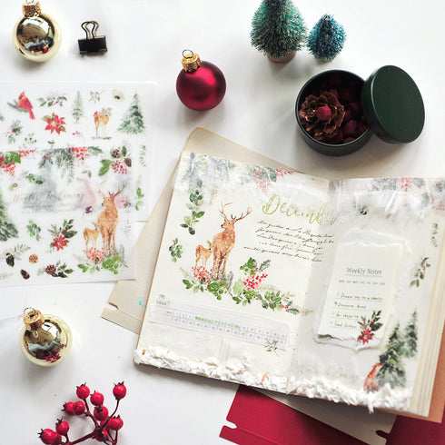 MU Lifestyle HOLIDAY Print-On Stickers Deer Snow Cardinal Birds Pine Trees Rub-On Stickers Transfer Sticker Translucent Stickers | 1019