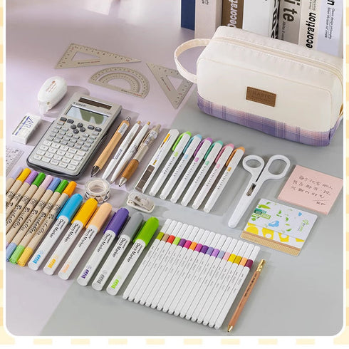 BLUE Extra Large PLAID XL Angoo Canvas Pen Case Pencil Case Stationery Case Storage Case Travel Case Up to 80 Items | 215 x 85 x 105mm