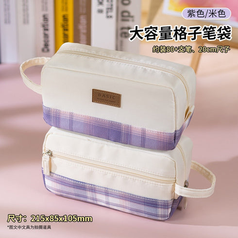 BLUE Extra Large PLAID XL Angoo Canvas Pen Case Pencil Case Stationery Case Storage Case Travel Case Up to 80 Items | 215 x 85 x 105mm
