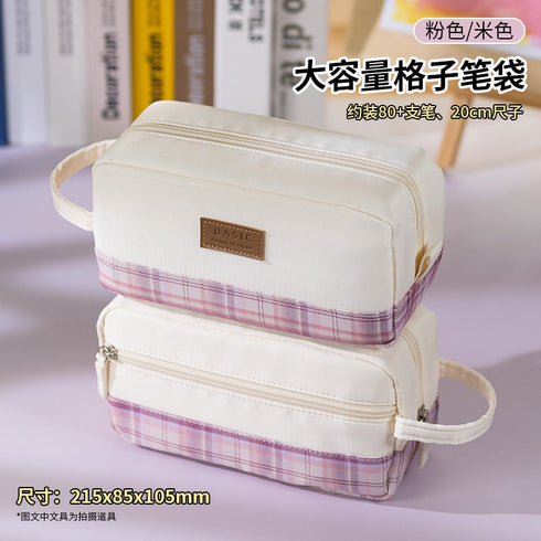 BLUE Extra Large PLAID XL Angoo Canvas Pen Case Pencil Case Stationery Case Storage Case Travel Case Up to 80 Items | 215 x 85 x 105mm