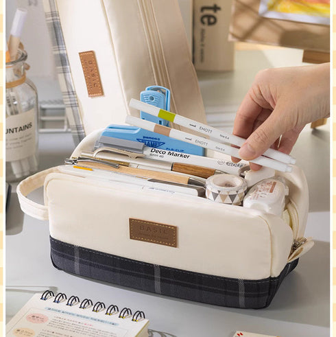 BAMBOO Extra Large PLAID XL Angoo Canvas Pen Case Pencil Case Stationery Case Storage Case Travel Case Up to 80 Items | 215 x 85 x 105mm