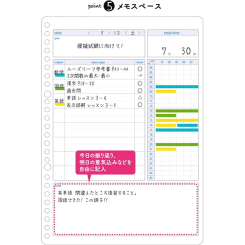 Kokuyo Campus Study Planner Loose Leaf Paper Y836GD DAILY Visualized Girly PINK 26 Holes 30 Sheets | B5