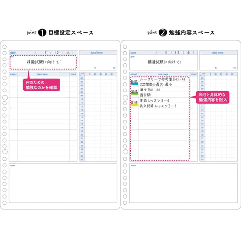 Kokuyo Campus Study Planner Loose Leaf Paper Y836GD DAILY Visualized Girly PINK 26 Holes 30 Sheets | B5