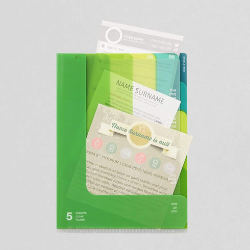 Midori MD A5 5 Pocket Clear Folder | 2-Way Blue Gradient Yellow & Green