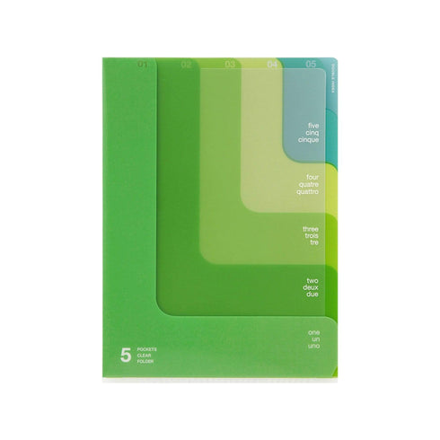 Midori MD A5 5 Pocket Clear Folder | 2-Way Blue Gradient Yellow & Green