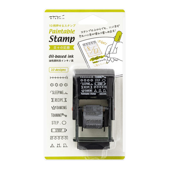 MIDORI Paintable Stamp Re-Inkable Self-Inking Stamp | Daily Record Header Titles Header Stickers Olive Package - The Stationery Life!