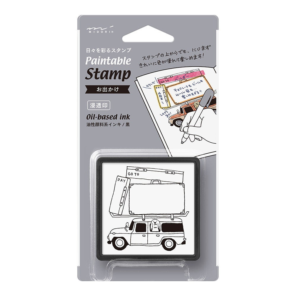 Midori Square Paintable Stamp Re-Inkable Self-Inking Stamp | TRAVEL VACATION Trip Gray Package - The Stationery Life!